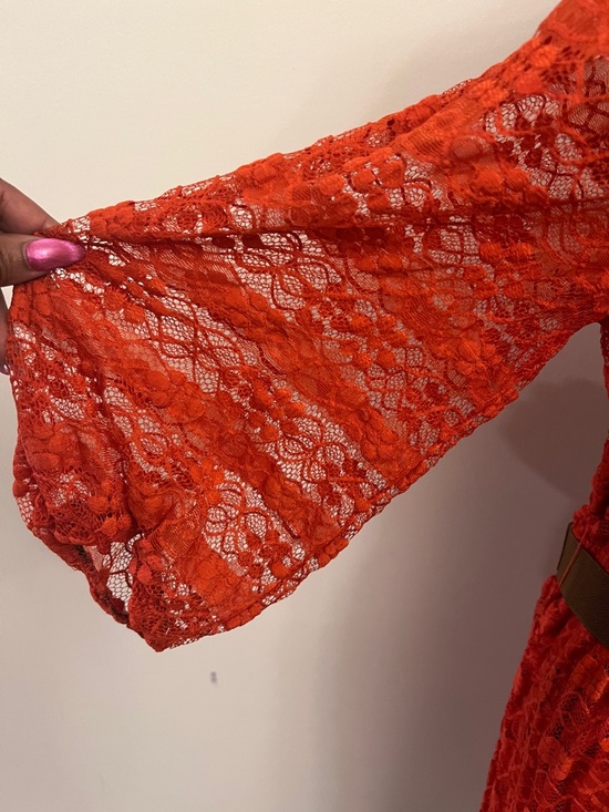 I.N. Studio Orange Lace Long-Sleeve Peasant Dress with Belt - Picture 4 of 10